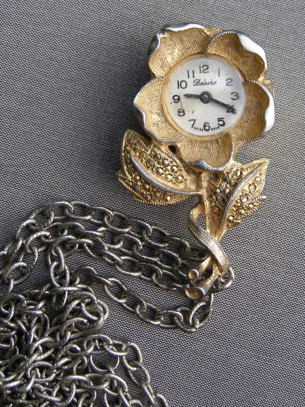 Vintage "Desire" Swiss Gold Tone Marcasite Watch Brooch Pendant Ornate Flower